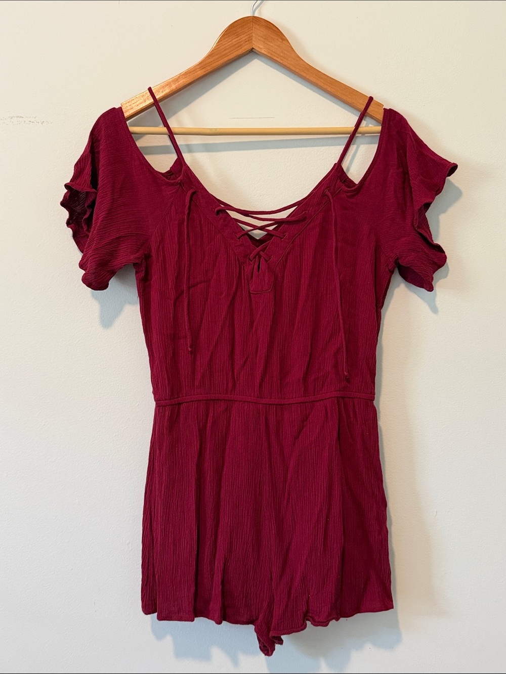 Chloe & Katie Burgundy Cold-Shoulder Lace-Up Romper